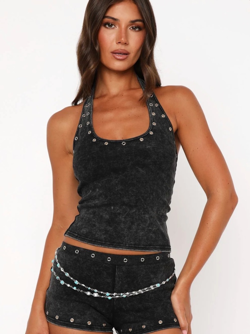 White Fox Lost Souls Halter Top - Washed Black Size Medium